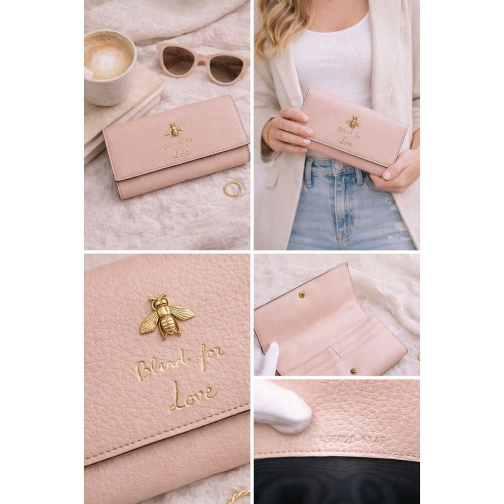 Gucci Animalier Bee Pink Leather Long Bifold Wallet GG Logo